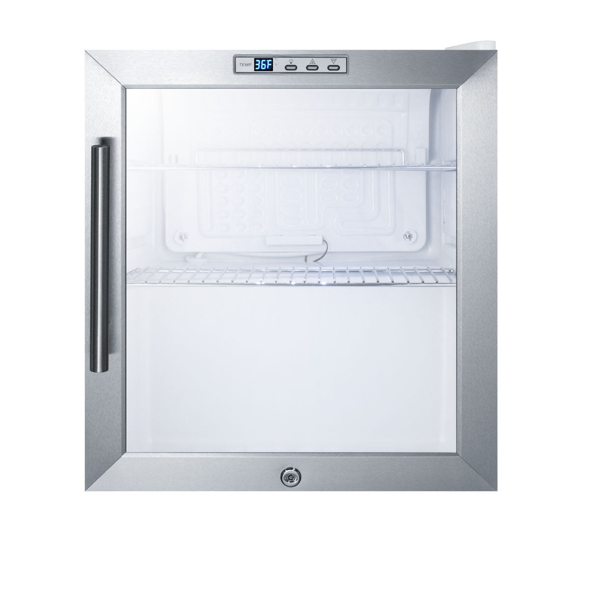 Stainless steel compact beverage center with glass door, digital temperature display, and wire shelving from Refrigerators collection