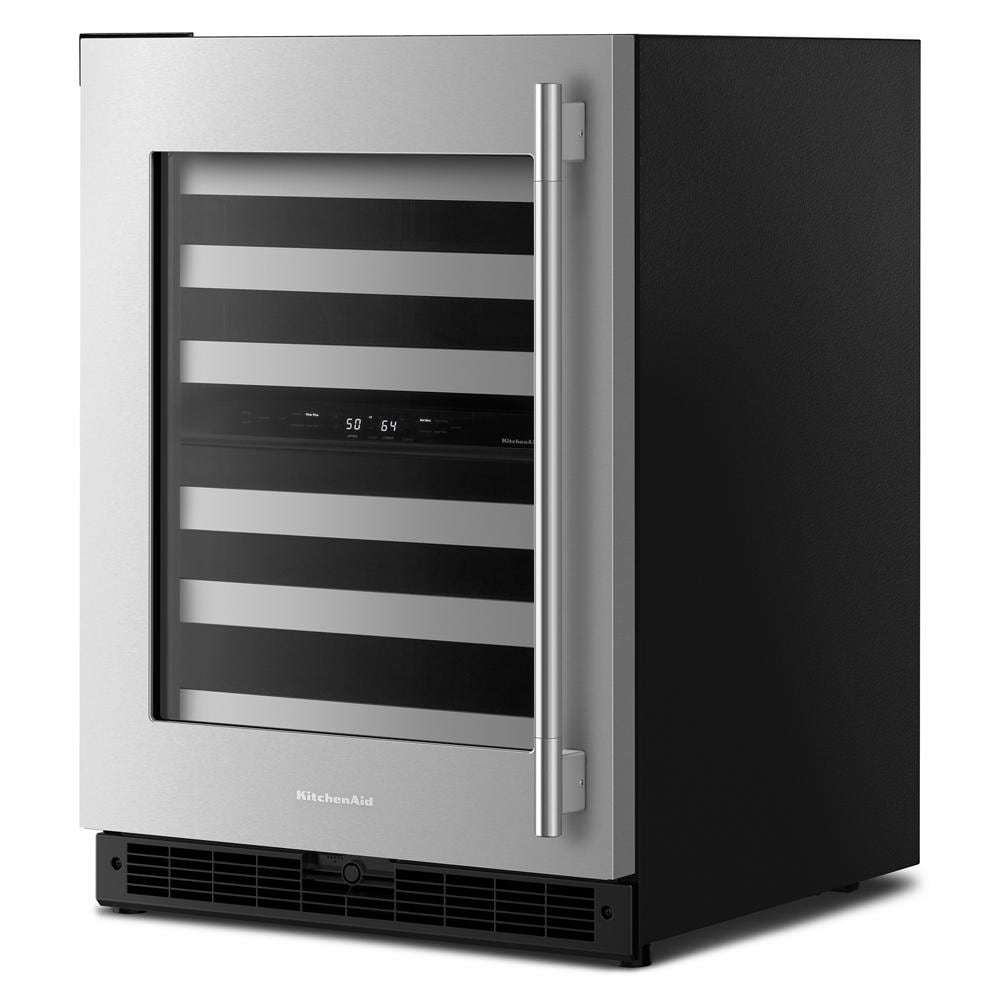 24-Inch Undercounter Wine Cellar with Left Door Swing and 46-Bottle Capacity with Full-Extension Metal-Front Racks in Stainless Steel