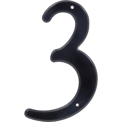 Black plastic house number 3 with nail holes for easy mounting, suitable for outdoor signs and home improvement projects under $50.
