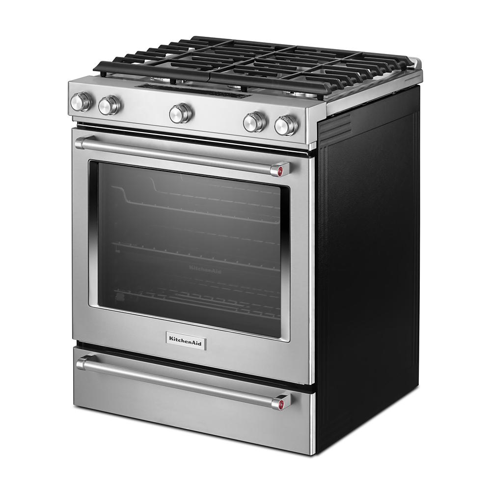 30-inch stainless steel five-burner slide-in gas convection range with baking drawer from KitchenAid collection