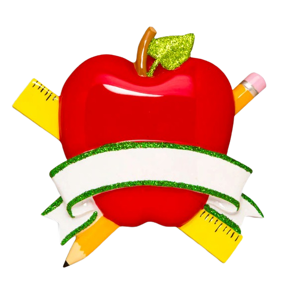 Red apple ornament with ruler and pencil crossed behind and blank white banner with green glitter trim from Christmas collection
