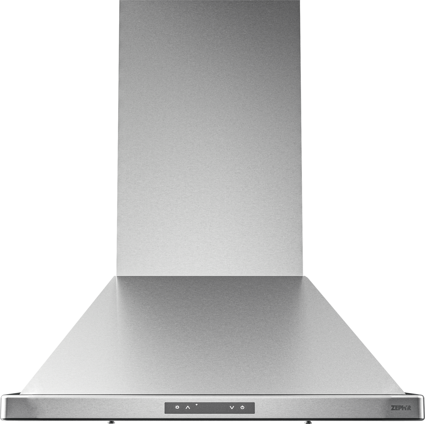Stainless steel pyramid-style chimney range hood with LED controls in kitchen and appliances collections