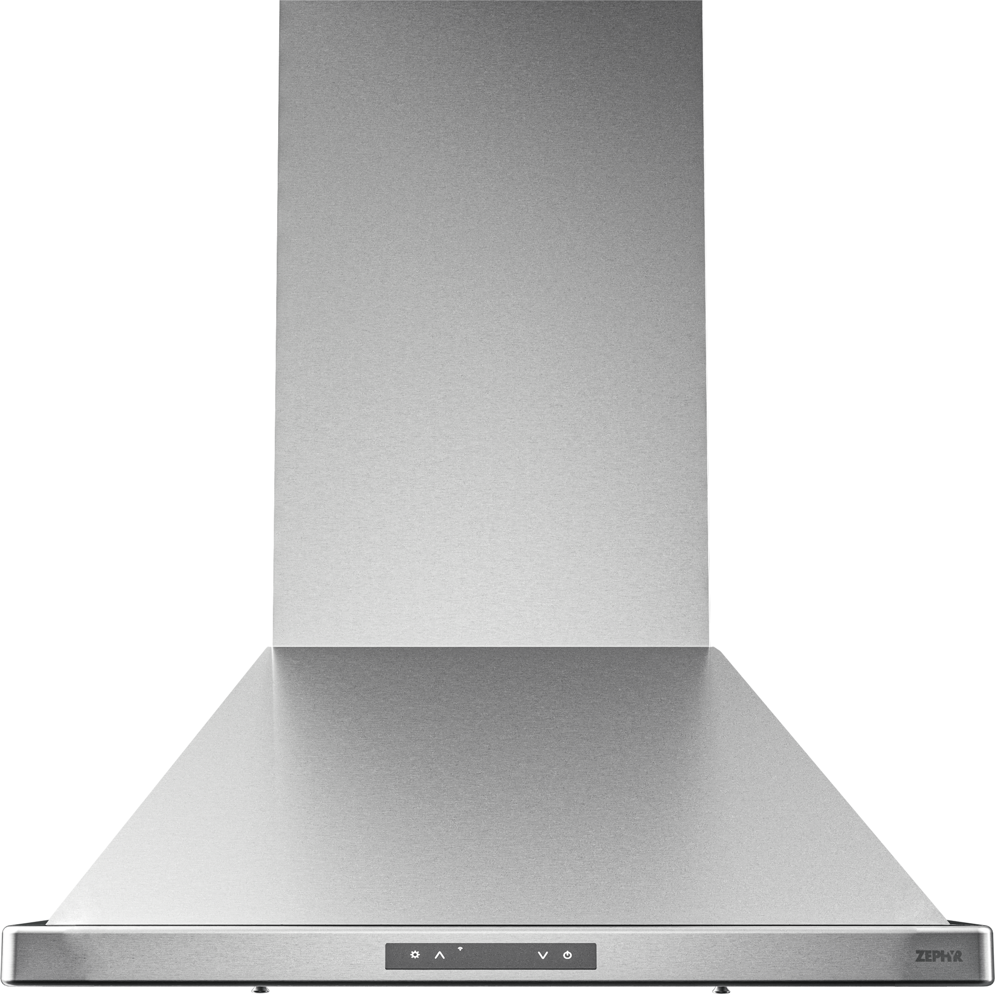 Stainless steel pyramid-style chimney range hood with LED controls in kitchen and appliances collections