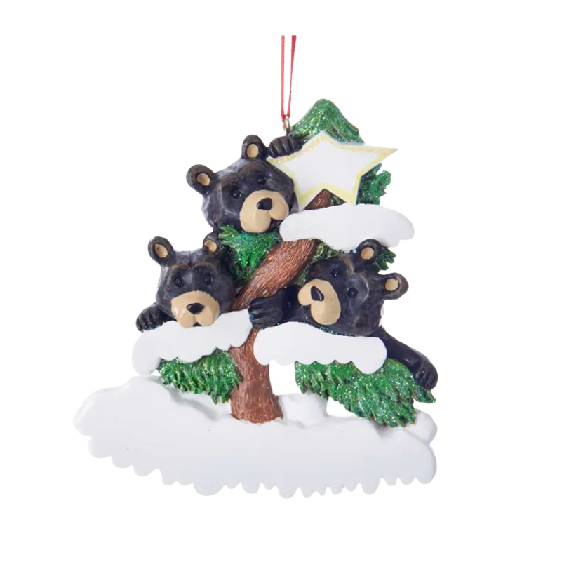 Black bear family of three nestled in snowy tree with star for Christmas ornaments and tree decorations collections
