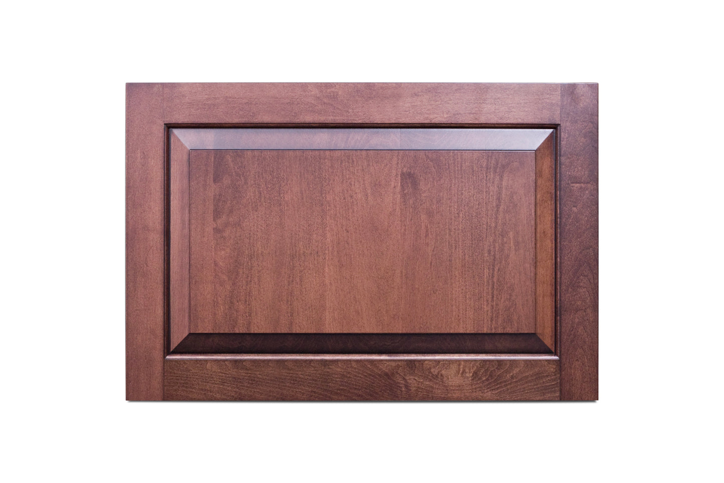 Wooden panel door with a rich brown finish, showcasing detailed beveled edges, suitable for cabinetry in kitchens and home improvement projects.