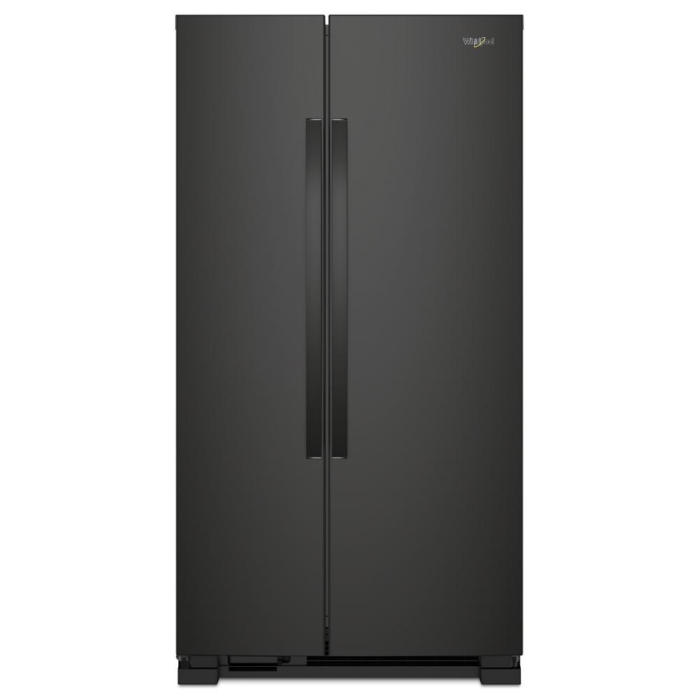 33-inch wide black side-by-side refrigerator with sleek handles in kitchen and appliances collection