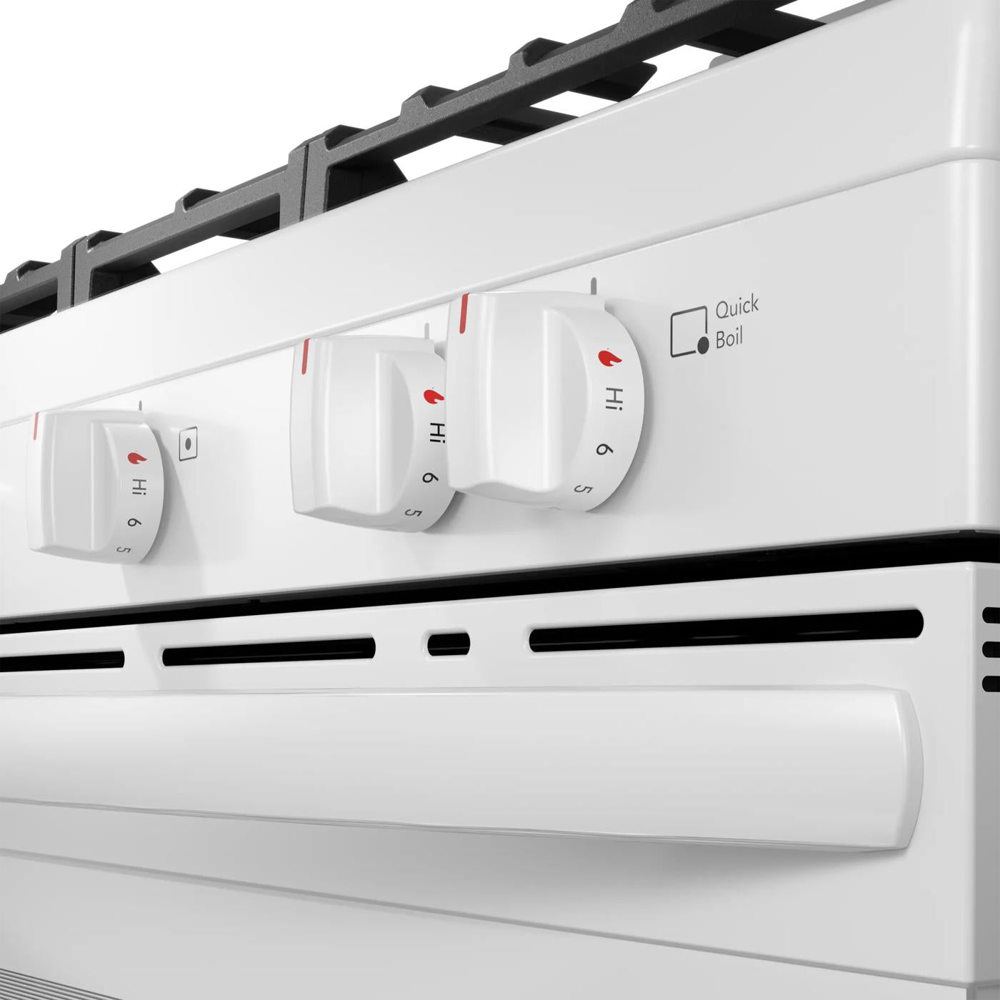 Close-up of white gas range control knobs with quick boil feature in kitchen appliances and ranges collection