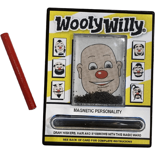 Miniature Wooly Willy magnetic drawing toy with red wand and black metal filings to create facial hair patterns