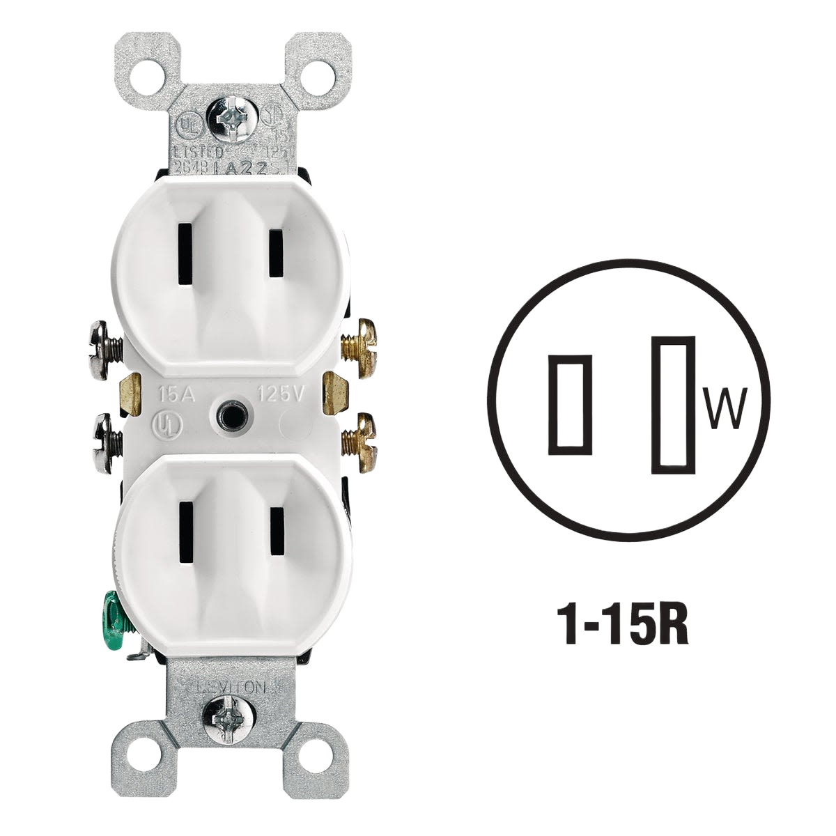 White 15 amp residential duplex electrical outlet with 2-prong slots and grounding screw for home improvement projects