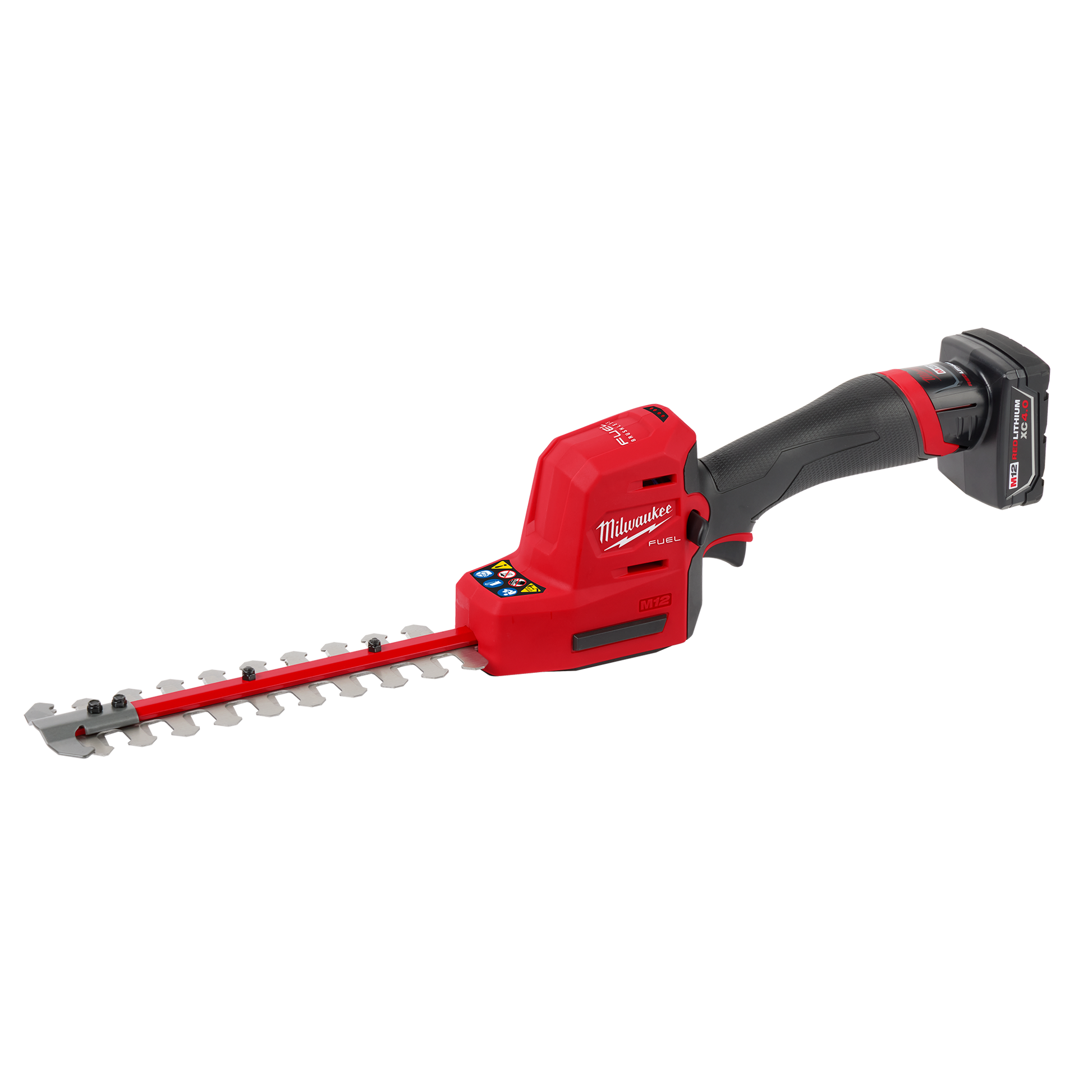 Cordless red and black hedge trimmer with 8-inch blade and battery for efficient gardening and home improvement tasks