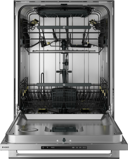 Open stainless steel dishwasher interior showing adjustable racks and cutlery basket, part of kitchen and appliance collection