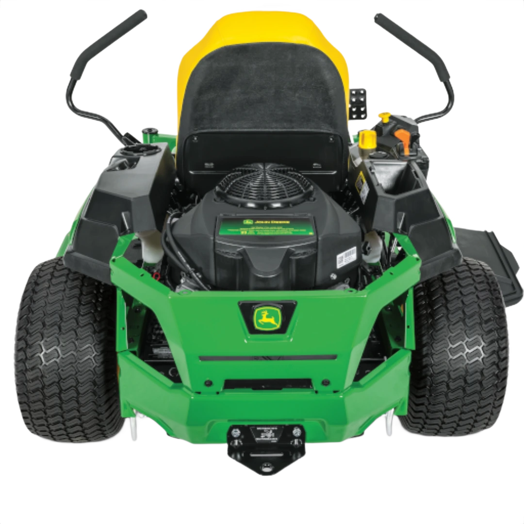 Rear view of a green and yellow zero-turn mower with wide tires and ergonomic controls for efficient lawn care tasks