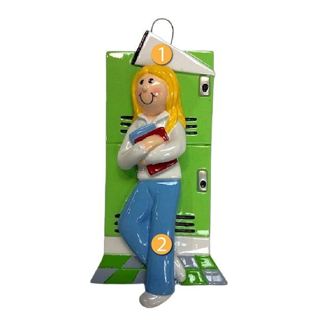 Blonde female figurine holding books leaning against green school locker for Christmas Ornaments & Tree Decorations collection