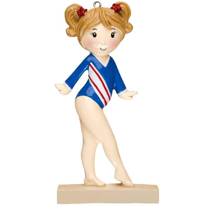 Ornament of a young female gymnast in blue leotard with red and white stripes for Christmas tree decorations under $50 collection