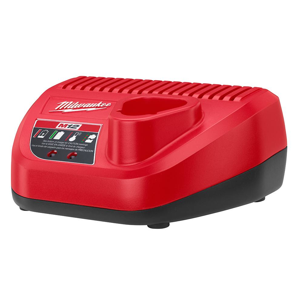 Red and black lithium-ion battery charger for M12 power tools in tools and home improvement use