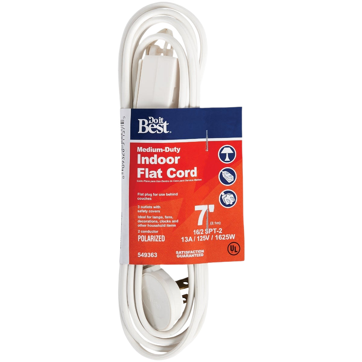 White flat plug extension cord for indoor medium-duty use with polarized outlets and safety covers
