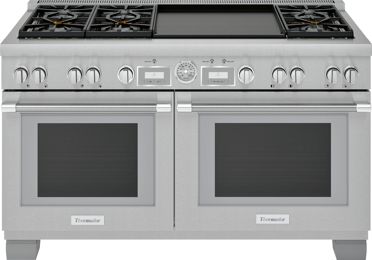 Stainless steel dual fuel professional range with six burners and double ovens in Thermador Appliances collection
