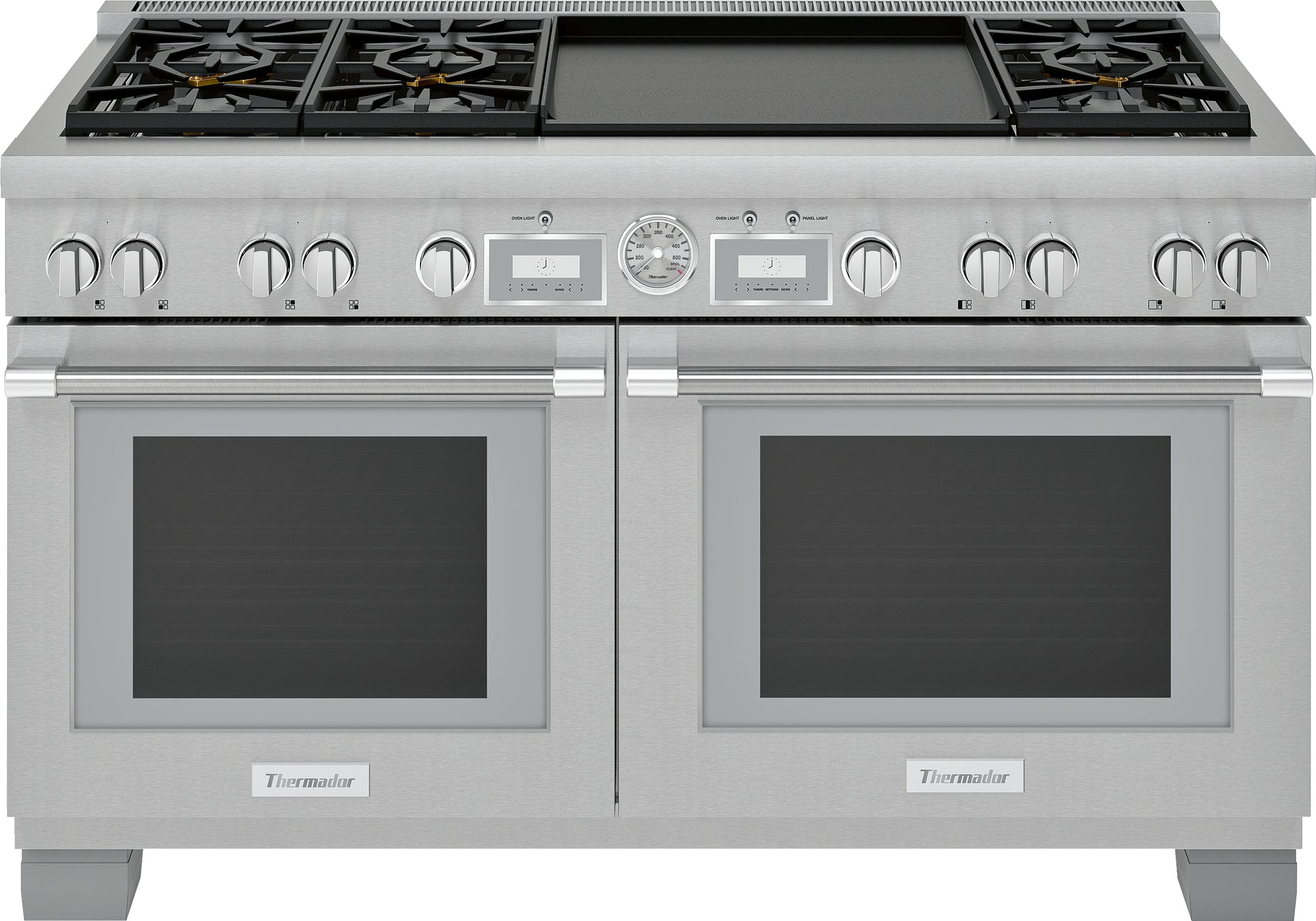 Stainless steel dual fuel professional range with six burners and double ovens in Thermador Appliances collection