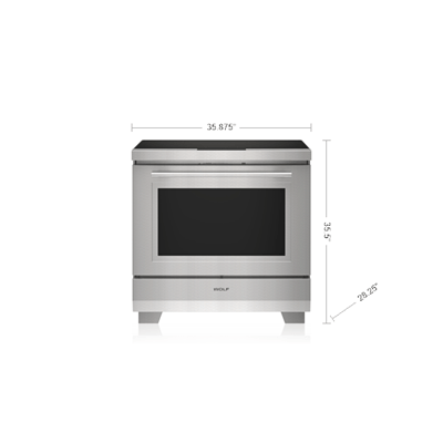 Stainless steel transitional induction range with black cooktop surface designed for modern kitchen use