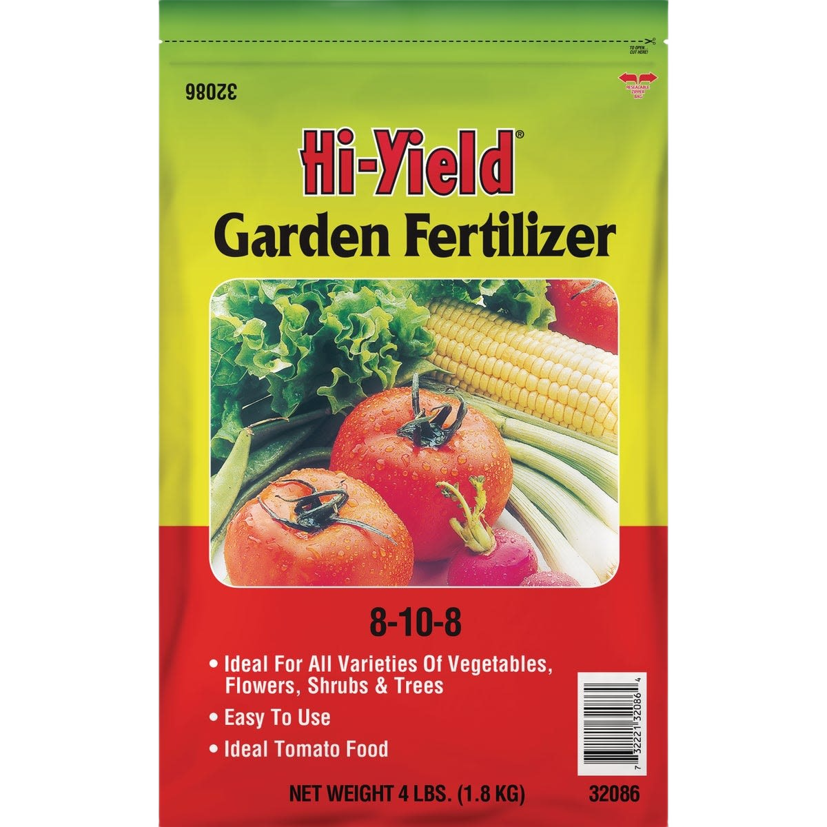 Bag of dry garden fertilizer with tomatoes, lettuce, corn, and onions for plant care and lawn and garden use