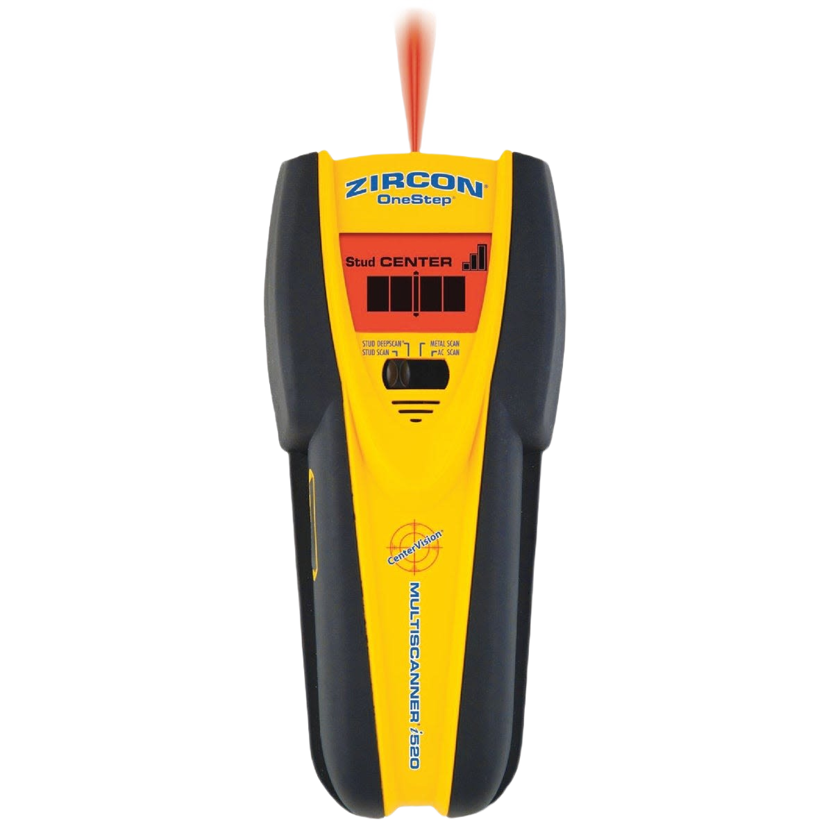 Yellow and black stud finder with digital display and laser indicator for woodworking and home improvement tools collections