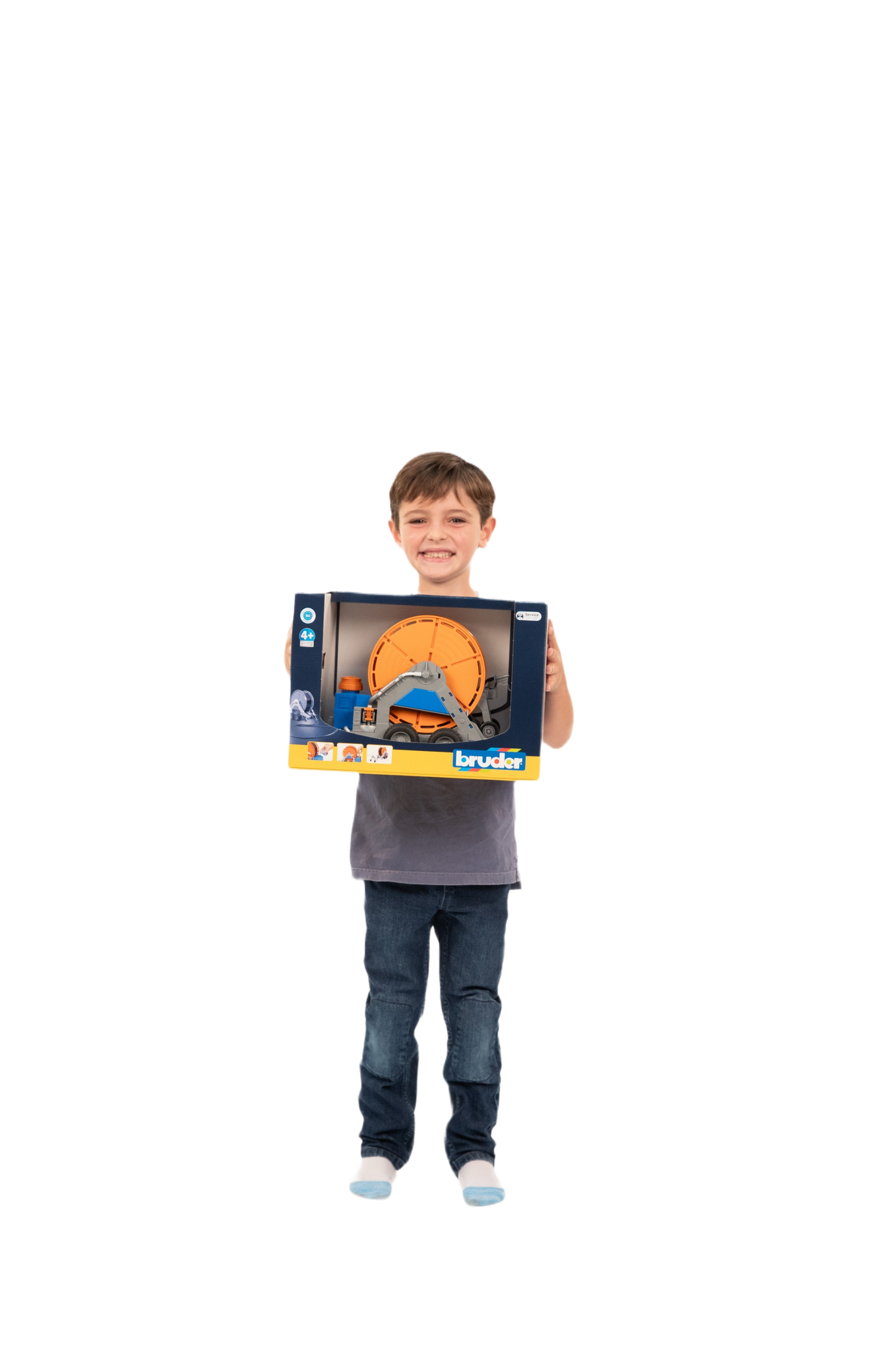 Child holding Bruder 02034 Irrigation Trailer toy with orange hose reel and blue-gray frame in Toys & Games collection