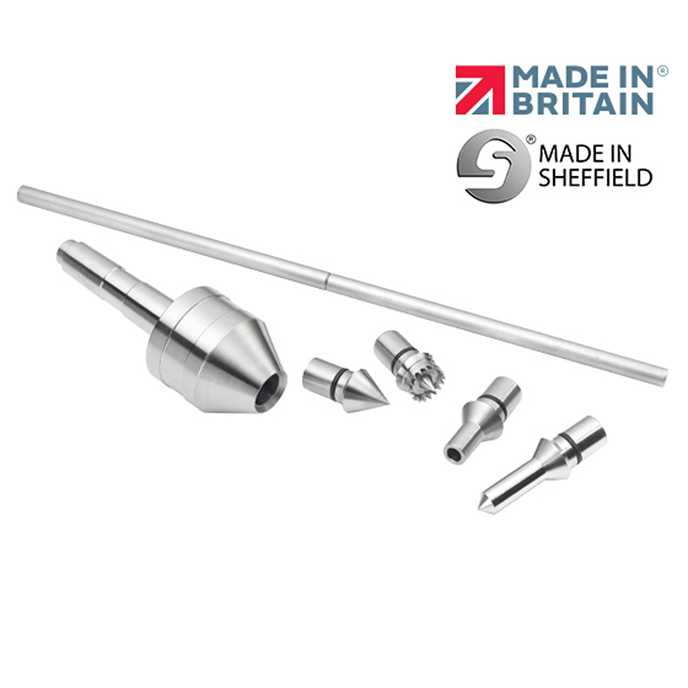 Set of polished steel universal live center kit components with precision tips and a long alignment rod for tools use