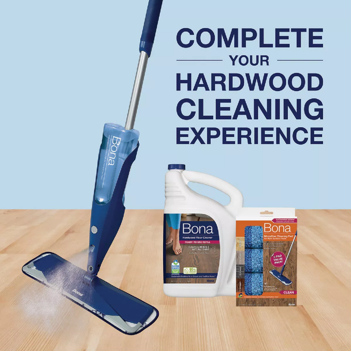 Blue and white hardwood floor mop with refill pads and 128 oz. cleaning solution for tools and home improvement