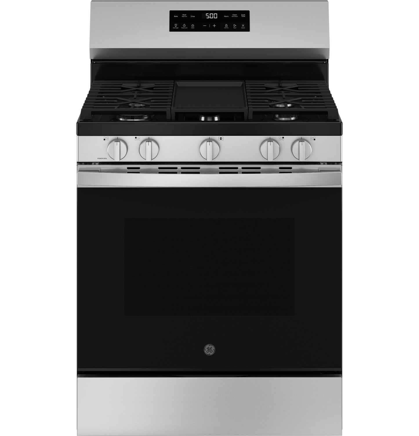 Front view of stainless steel free-standing gas range with digital display and five control knobs in gas ranges collection
