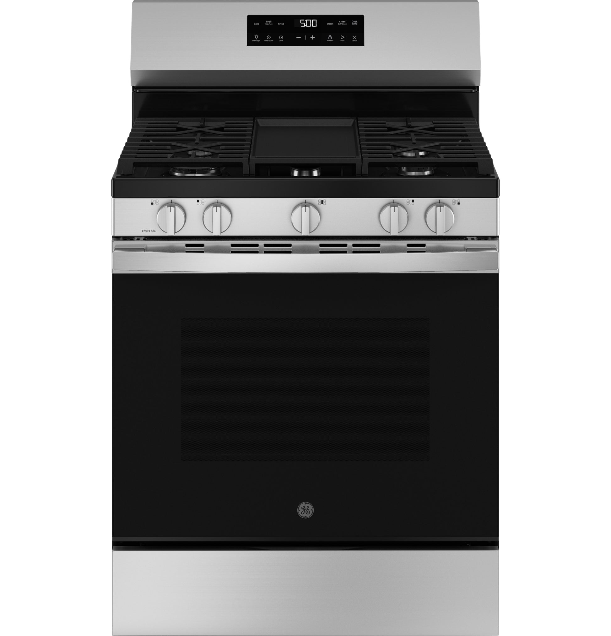 Front view of stainless steel free-standing gas range with digital display and five control knobs in gas ranges collection
