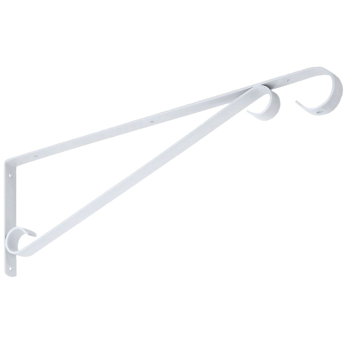 White steel hanging plant bracket with curved decorative hooks for outdoor or indoor home improvement use