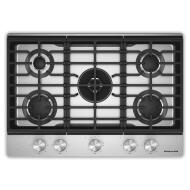 Top view of a KitchenAid 30-inch gas cooktop in stainless steel featuring five burners, an integrated wok grate, and five metallic control knobs, part of Cooktops and Gas Cooktops collections for home improvement.
