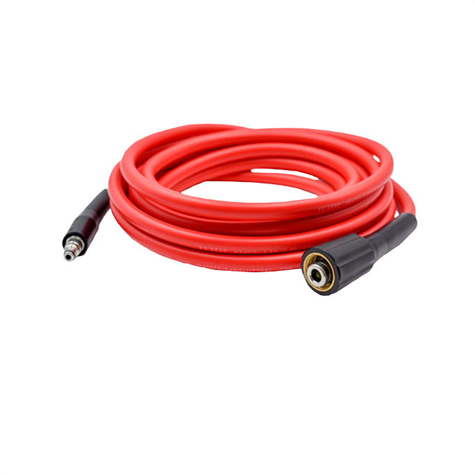 Coiled red high-pressure hose with black fittings designed for use with cold water electric pressure washers in home improvement tasks