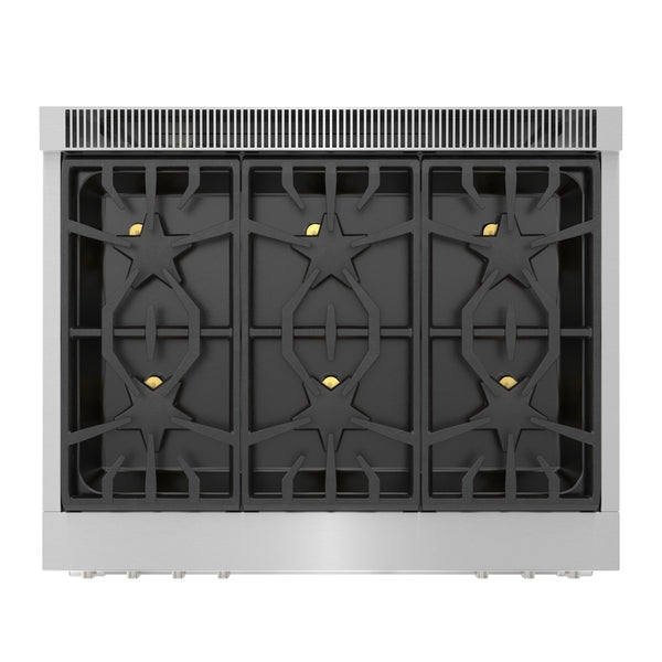 Top view of stainless steel gas cooktop with six burners featuring Pedestal Star® design from Thermador ranges collection