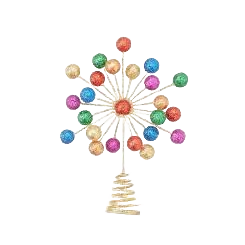 Decorative treetop with multicolored spherical ornaments and gold-toned spiral base for holiday décor