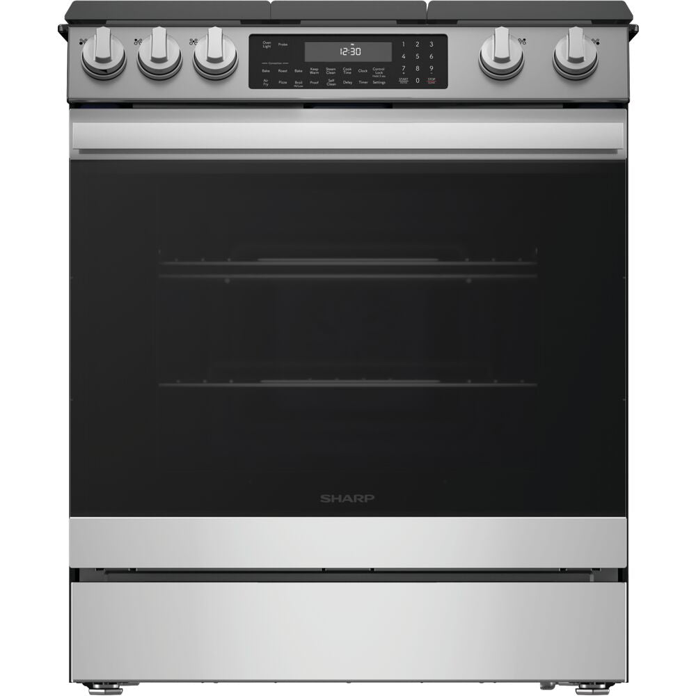 Modern stainless steel gas slide-in range with black glass door and digital control panel from Ranges & Kitchen & Kitchenware collections