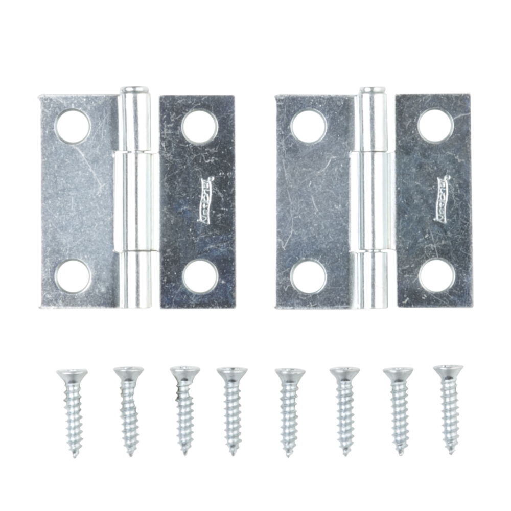 Pair of 1-1/2 inch zinc loose-pin narrow hinges with mounting screws for door hardware in home improvement use