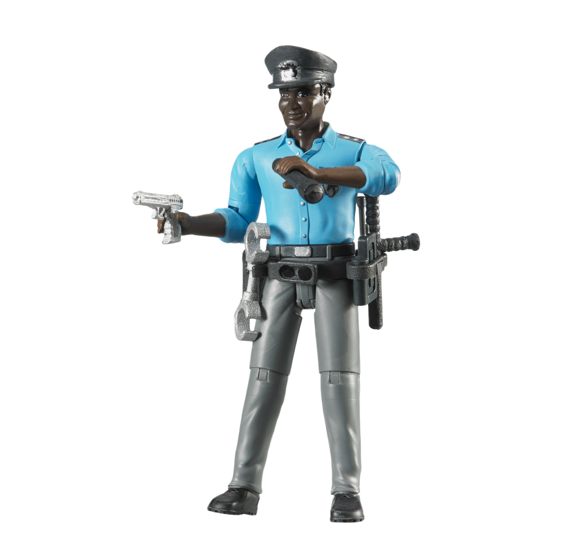 Dark-skinned toy policeman figure in blue shirt with cap, holding flashlight and pistol, equipped with belt accessories