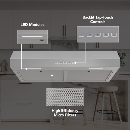 stainless steel under-cabinet range hood with LED lighting, backlit touch controls, and high efficiency microfilters for kitchen appliances