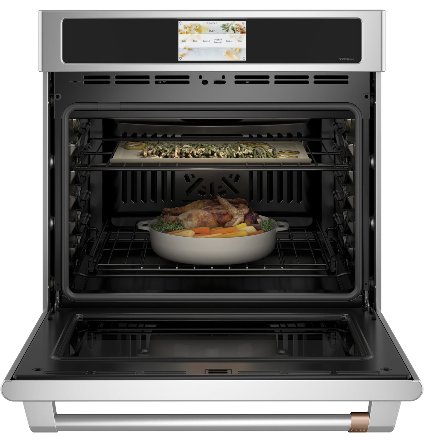 Open stainless steel smart single wall oven with convection cooking and food inside in Wall Ovens and Appliances collections