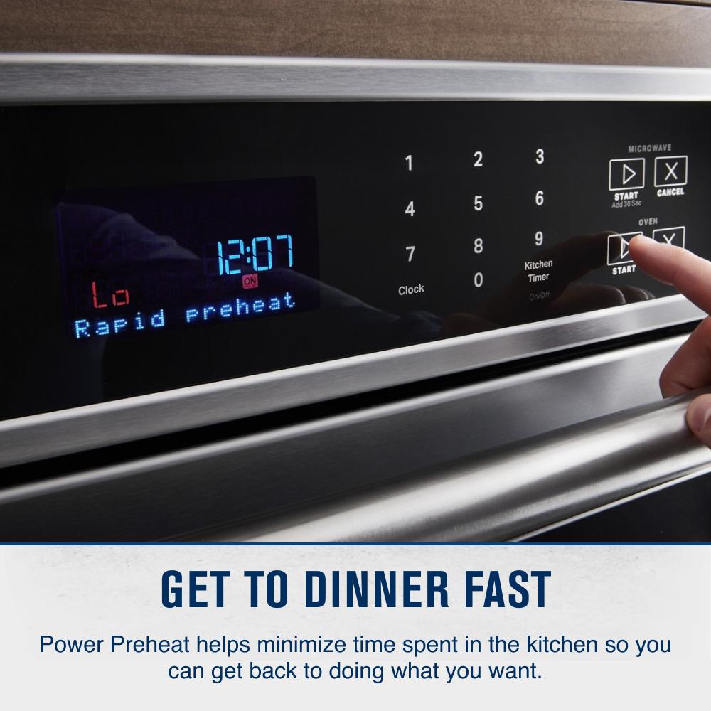Digital touchscreen control panel showing rapid preheat mode on stainless steel microwave wall oven combo