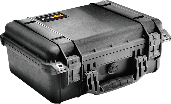 Black rugged protective case with secure latches and handle for storage and dorm organization collections