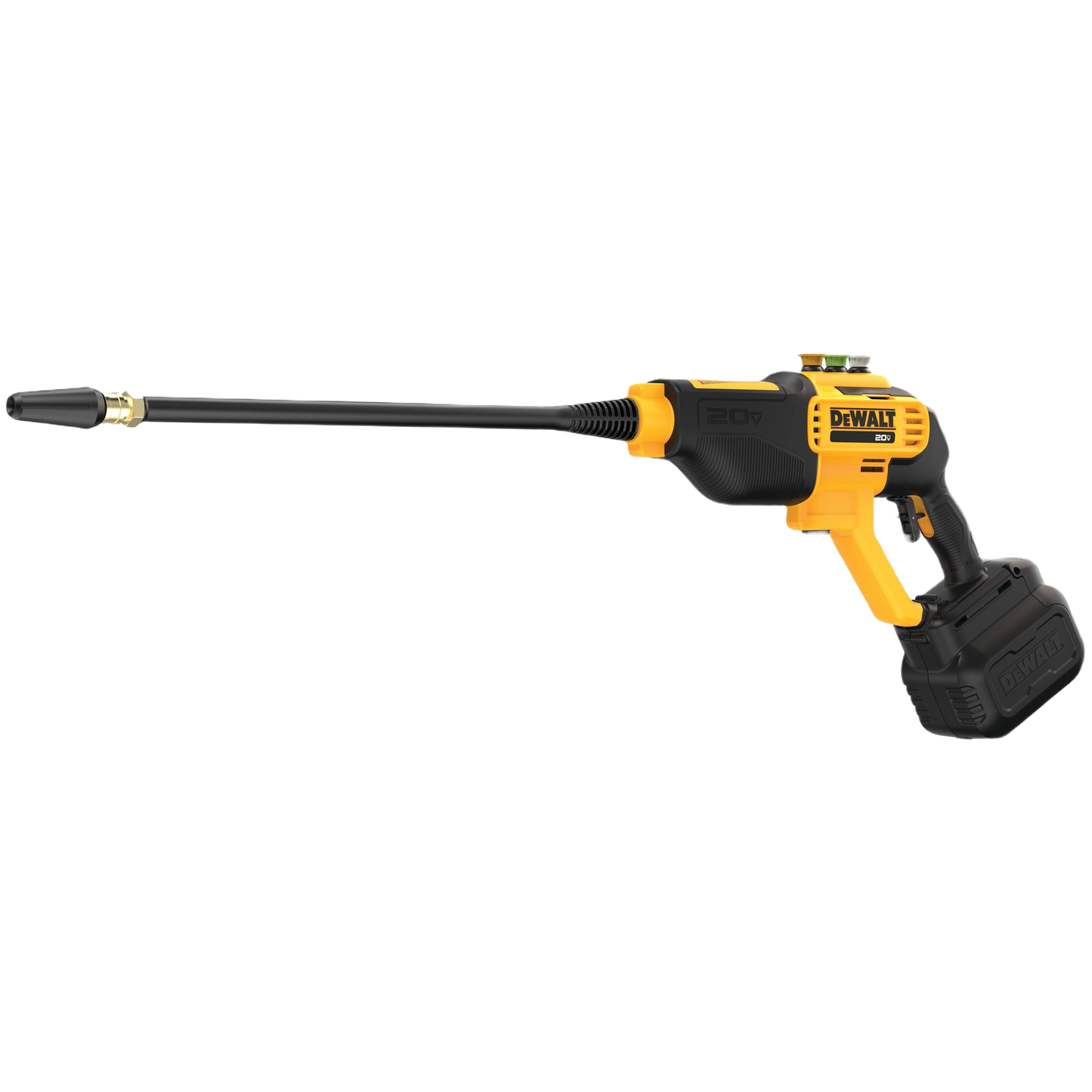 Cordless handheld power cleaner with yellow and black housing and extendable lance for outdoor cleaning tasks
