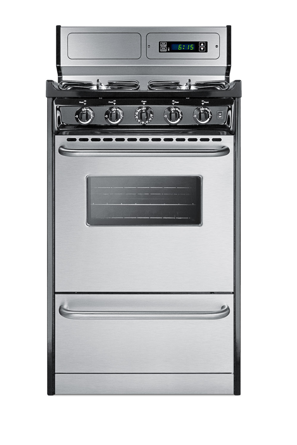 Stainless steel 20-inch gas range with sealed burners, manual controls, and digital clock from kitchen appliances collection.