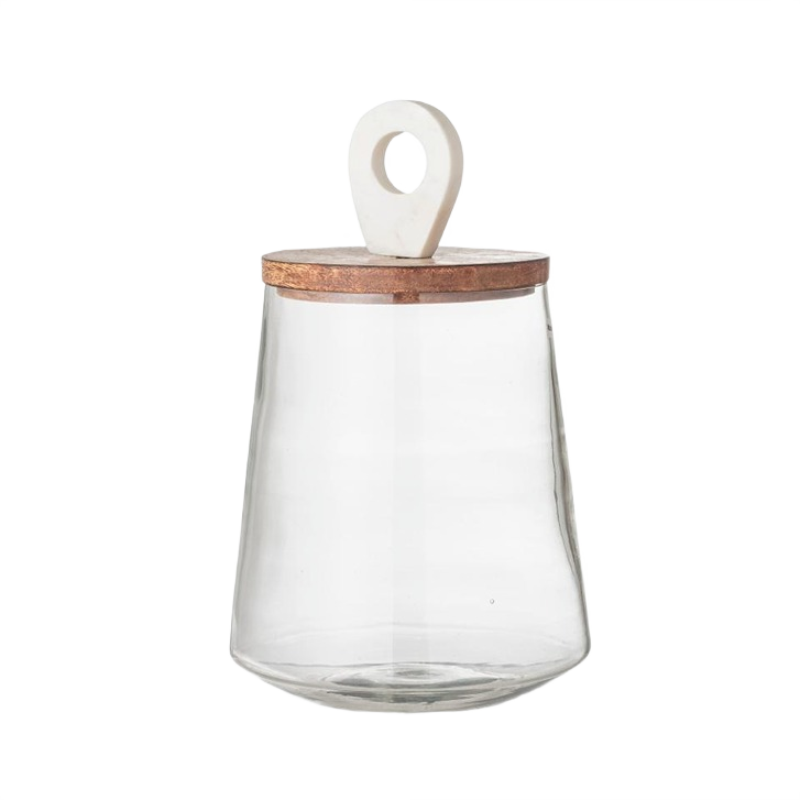 Clear glass jar with wooden lid and loop handle, ideal for home accents and decor under $100 collections
