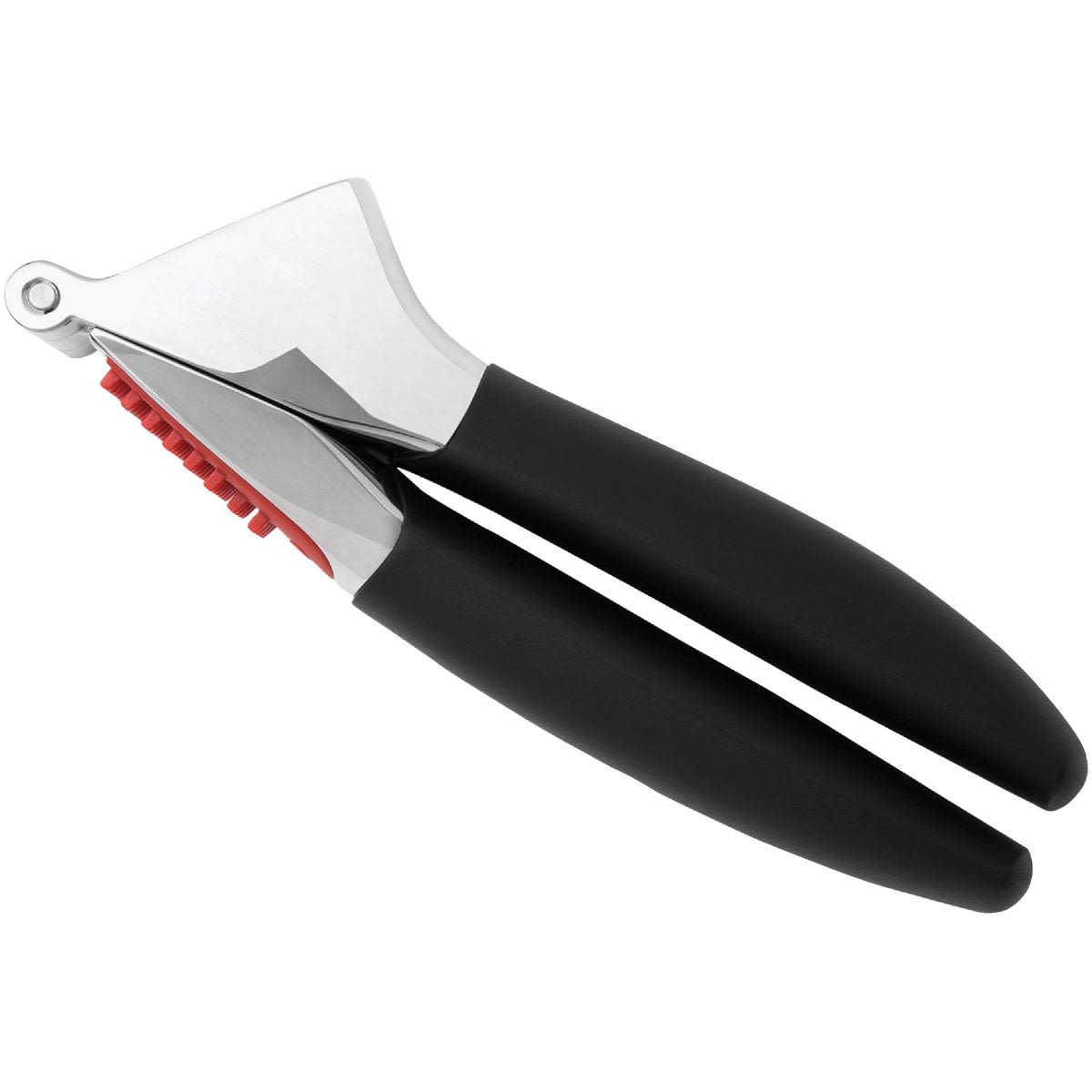 Stainless steel garlic press with large capacity and black ergonomic handles for kitchenware and cooking tasks under 50 dollars