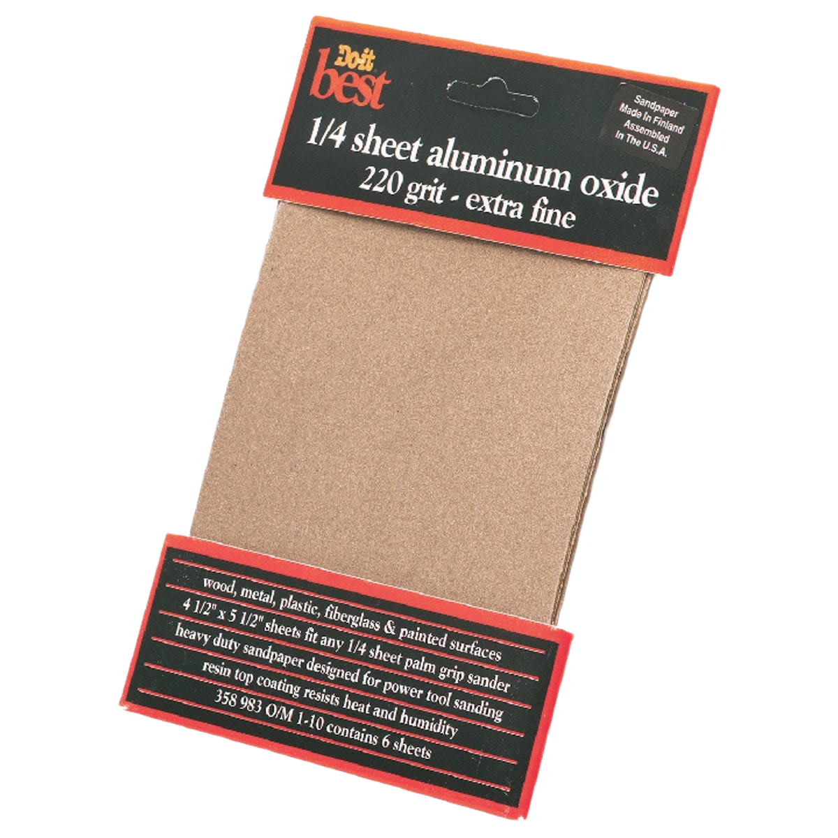 Package of extra fine 220-grit aluminum oxide sandpaper sheets for power sanding in home improvement collections