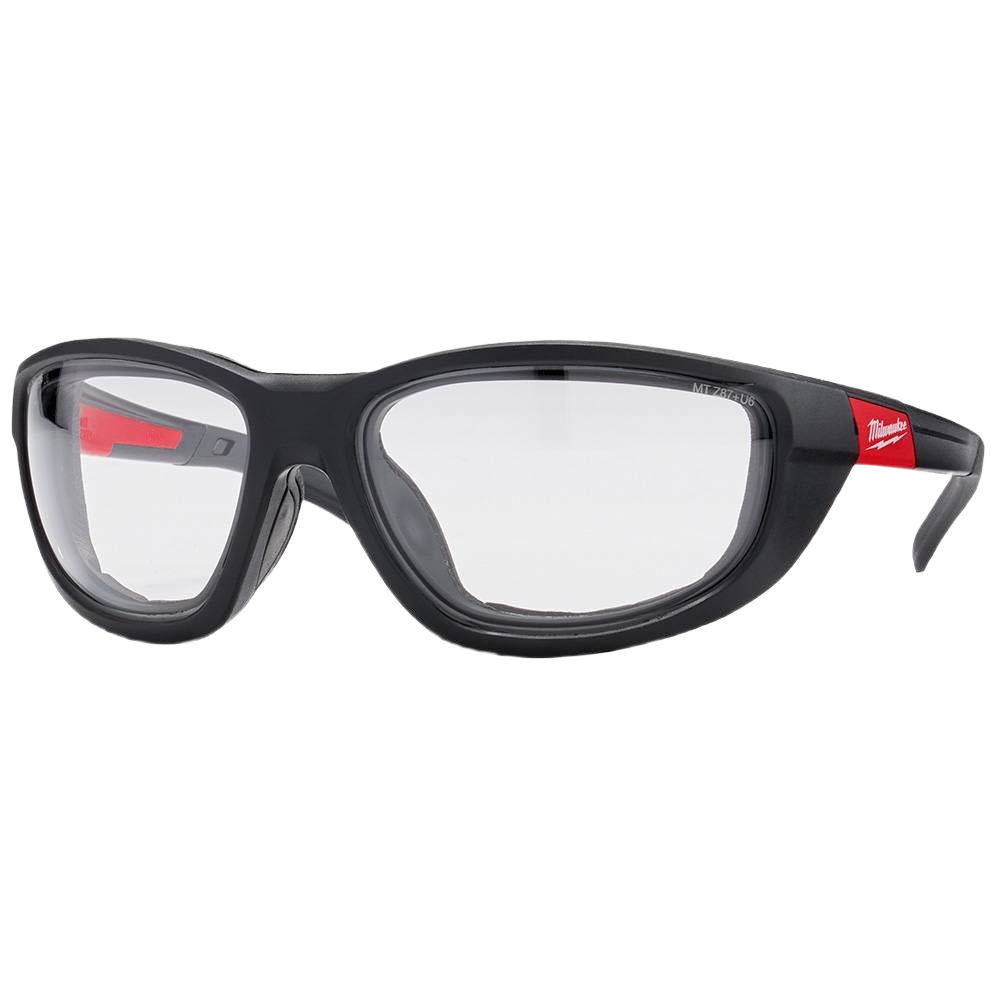 Clear lens safety glasses with black frame and gasket for impact protection in tools and home improvement tasks