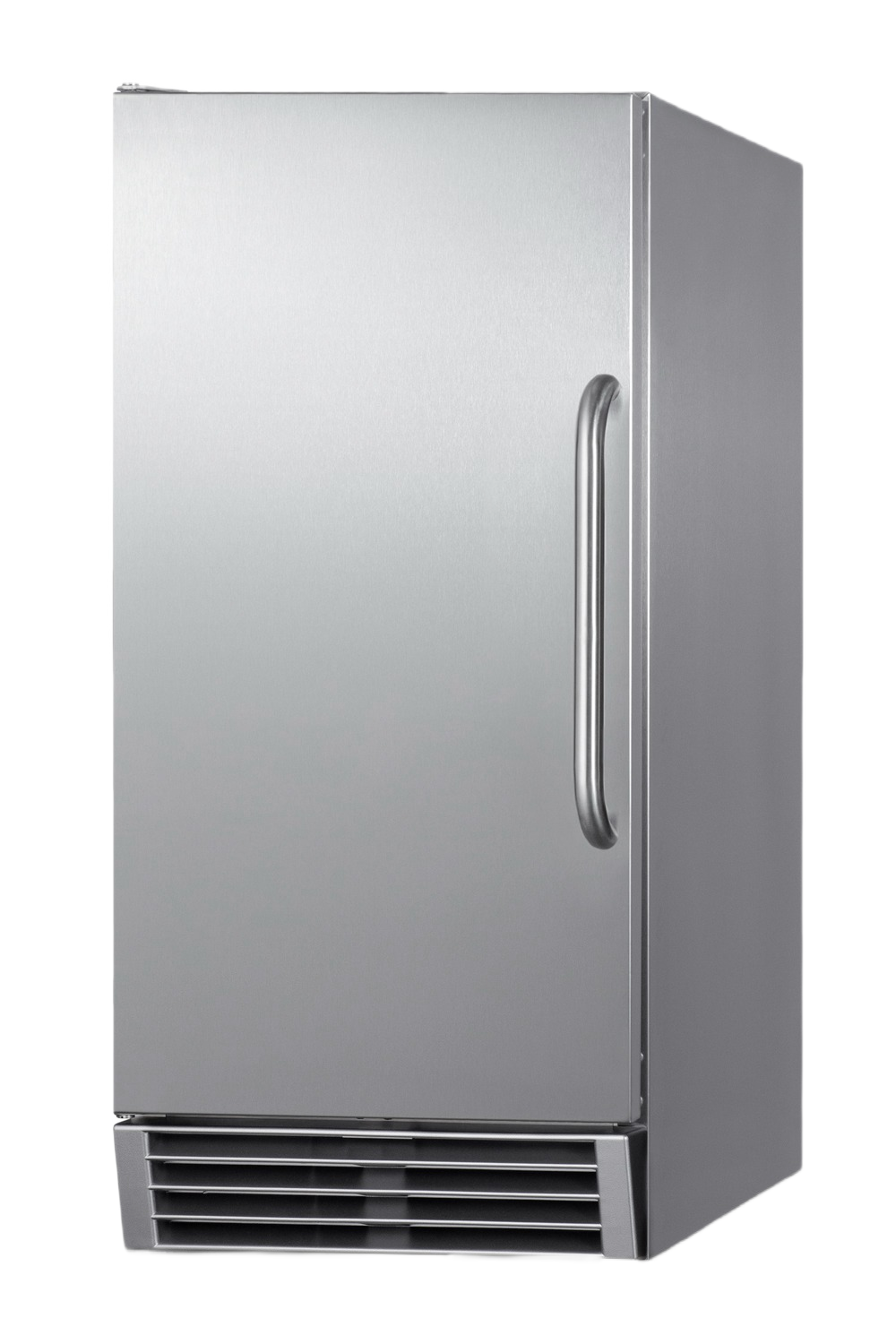 Built-in icemaker with brushed stainless steel exterior, right-hand door handle, and front ventilation grille, part of Refrigerators and Kitchen & Kitchenware collections.
