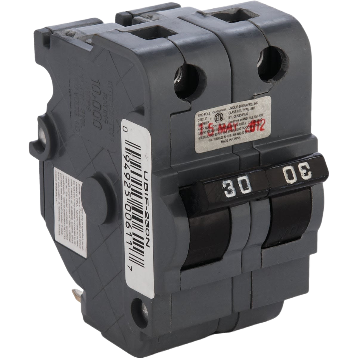 Dual-pole gray circuit breaker with 30 amp rating for electrical panel upgrades and home improvement projects